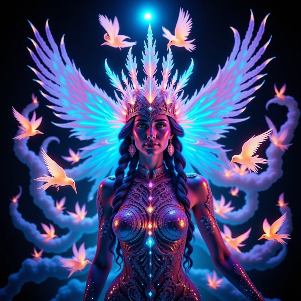 Amazing detailed photorealistic kaleidoscopic blacklight UV light portrait beautiful shaman surrounded by exotic birds bioluminescence, drea...