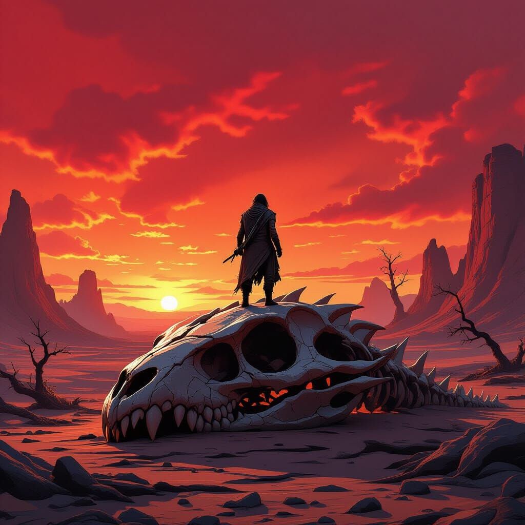 A lone wanderer stands atop a colossal, petrified dragon skull, gazing out at a vast, desolate wasteland under a crimson sky. Twisted rock f...