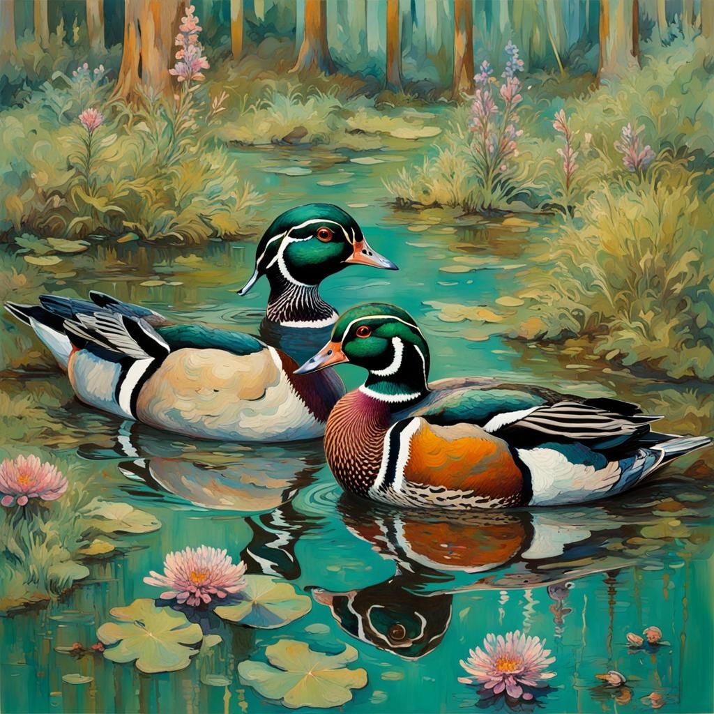 The beautiful Wood Ducks in their natural pond environment - AI ...