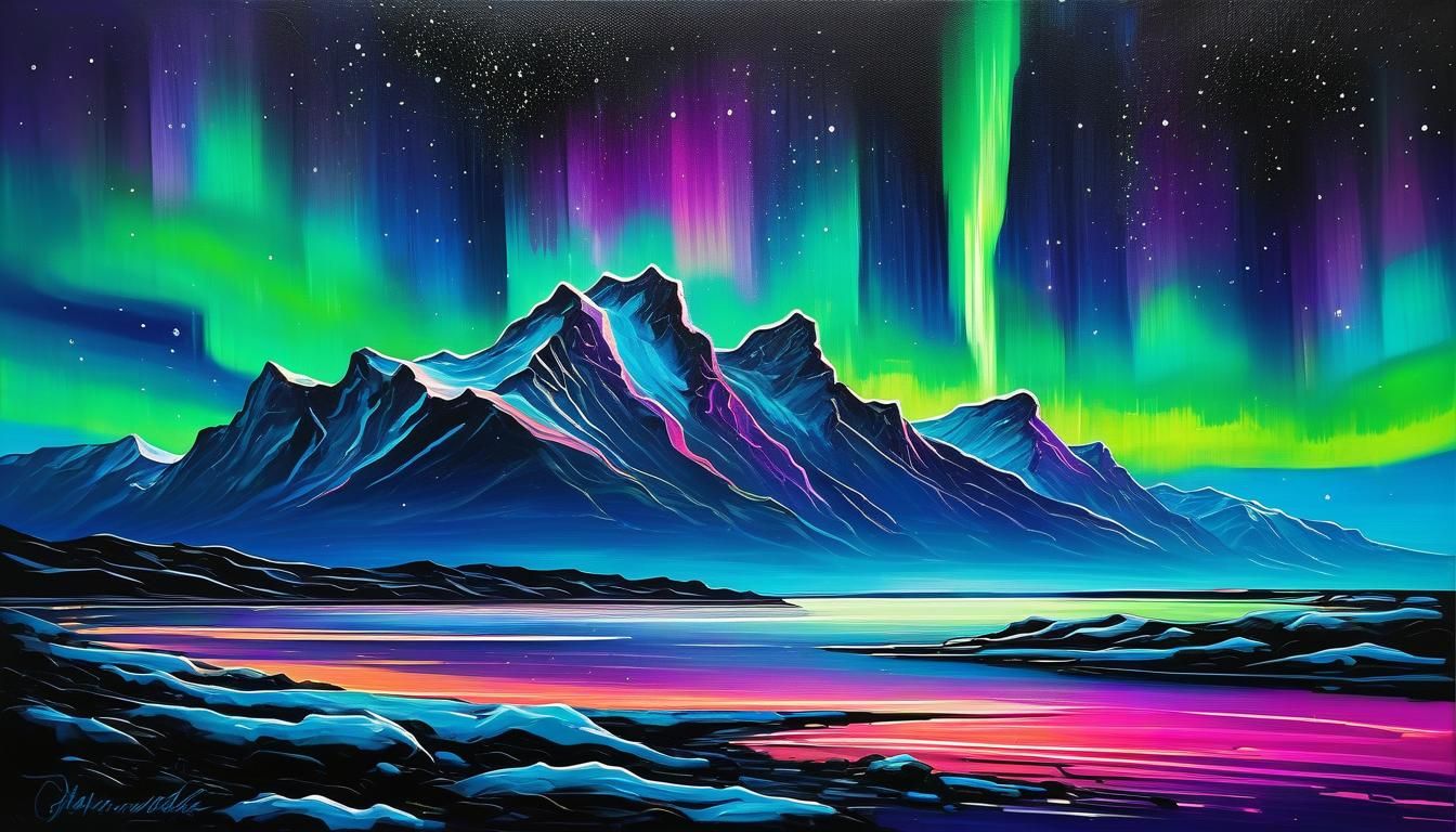 Stunning, dramatic, neon light, aurora borealis painting