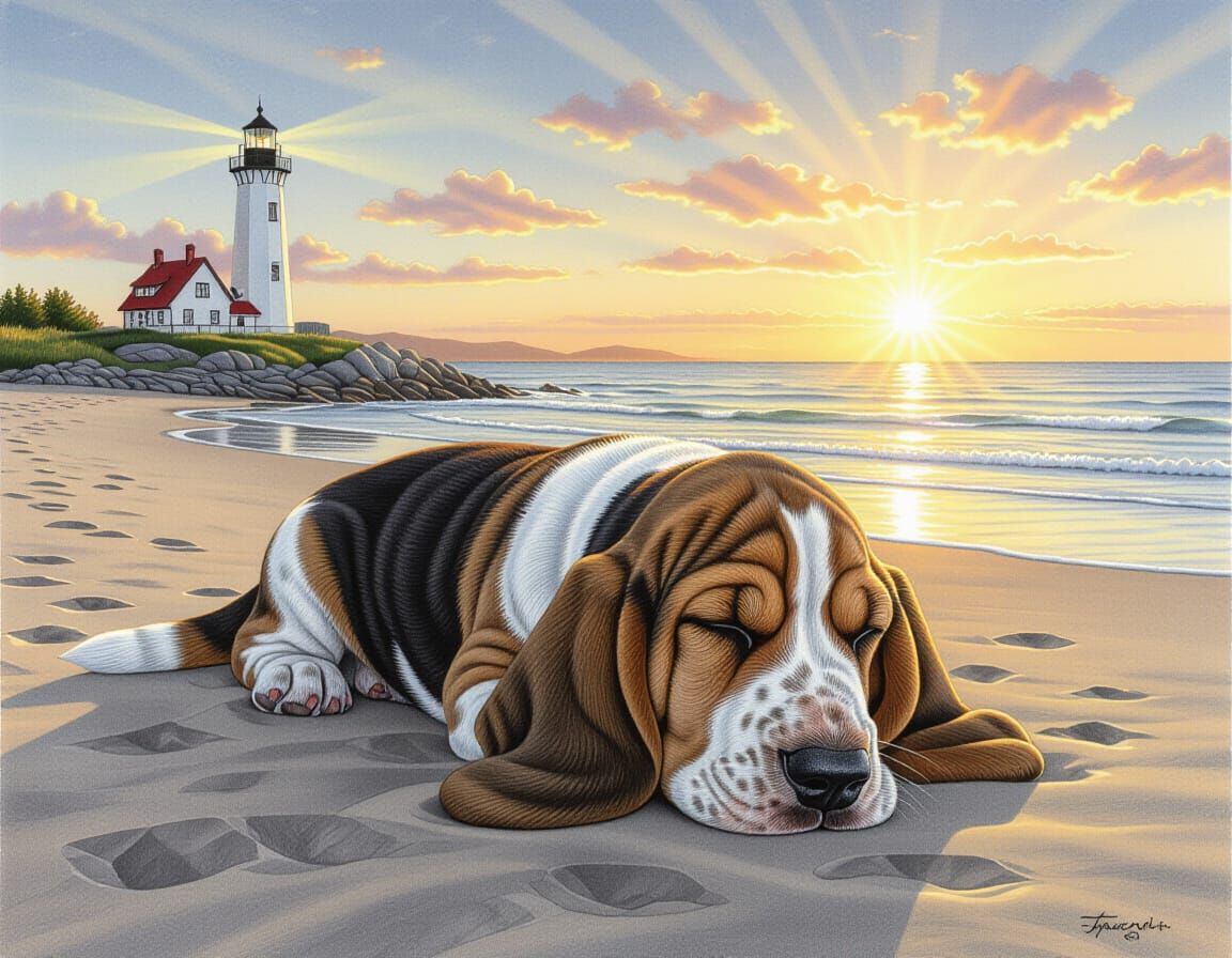 An ultrarealistic, sleepy Basset Hound pup on a beach with a lighthouse and sunset hyperdetailed charcoal ...  by @LTSings