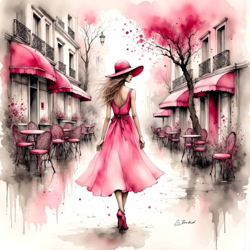<lora:Experiment:1.0> Watercolour. Paris street with a woman in lipstick pink sundress and straw hat. Chiaroscuro