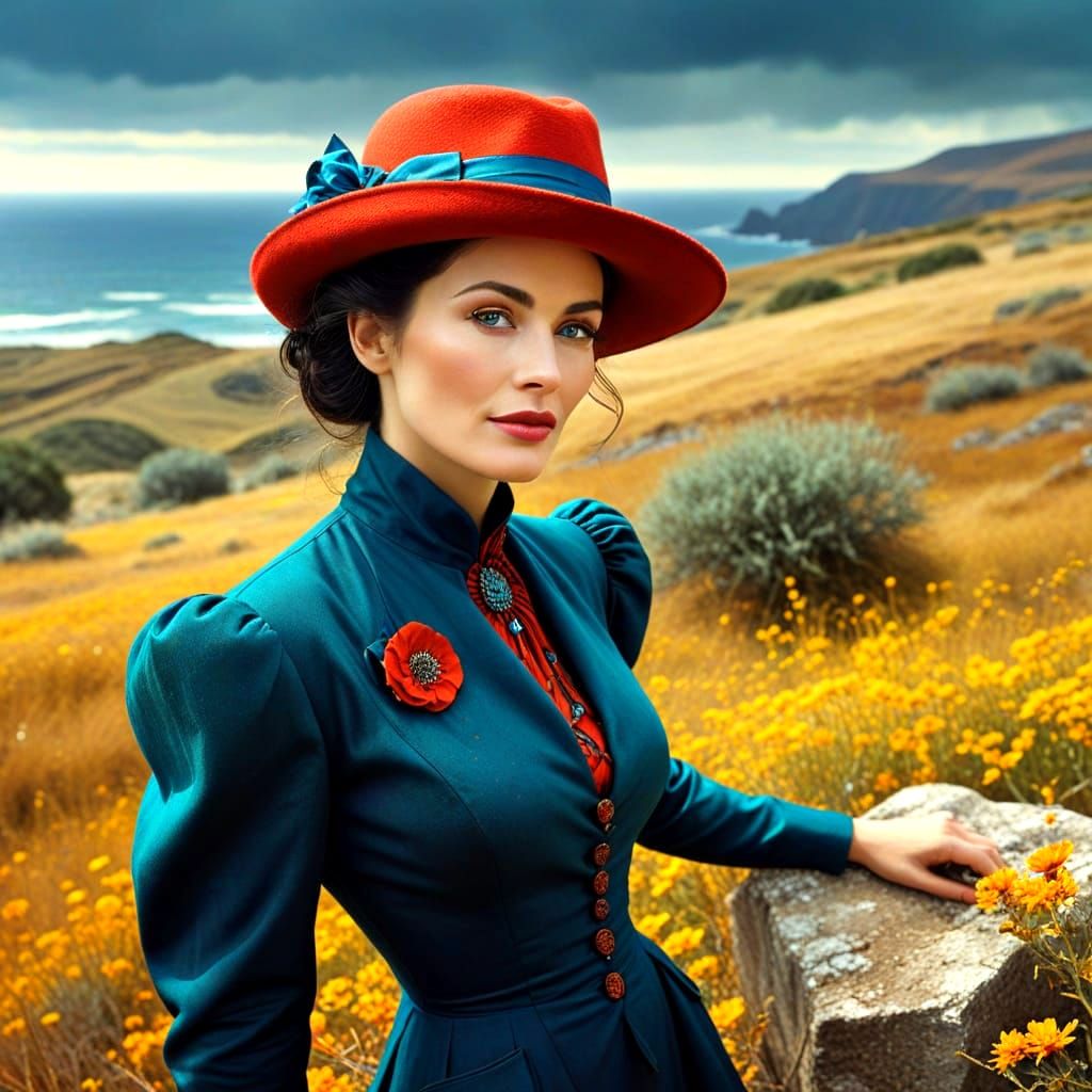 Surrealistic Portrait of a Happy Mature Lady in a Vibrant La...