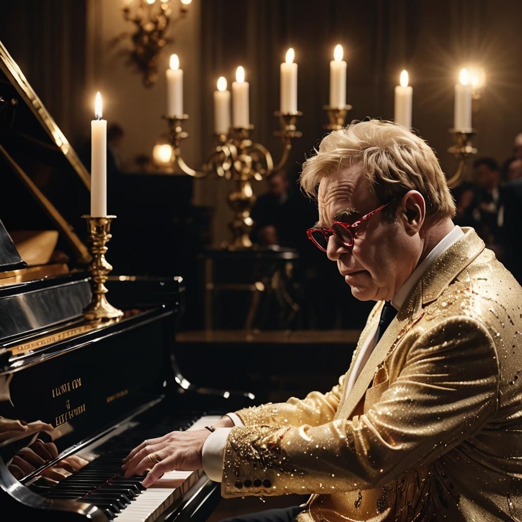 Elton John on the piano playing Candle in the wind;  8k resolution