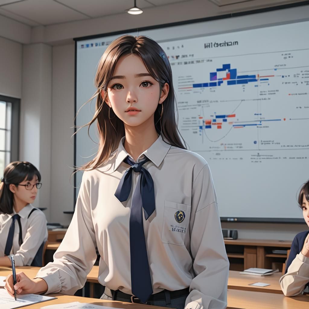 A beautiful college student in a classroom giving a presenta...