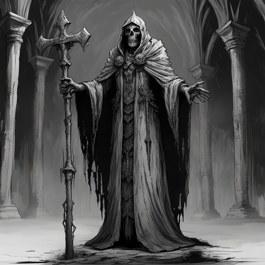 Dark, a lich, undead, cadaverous, ecclesiastical bishop's clothing ...