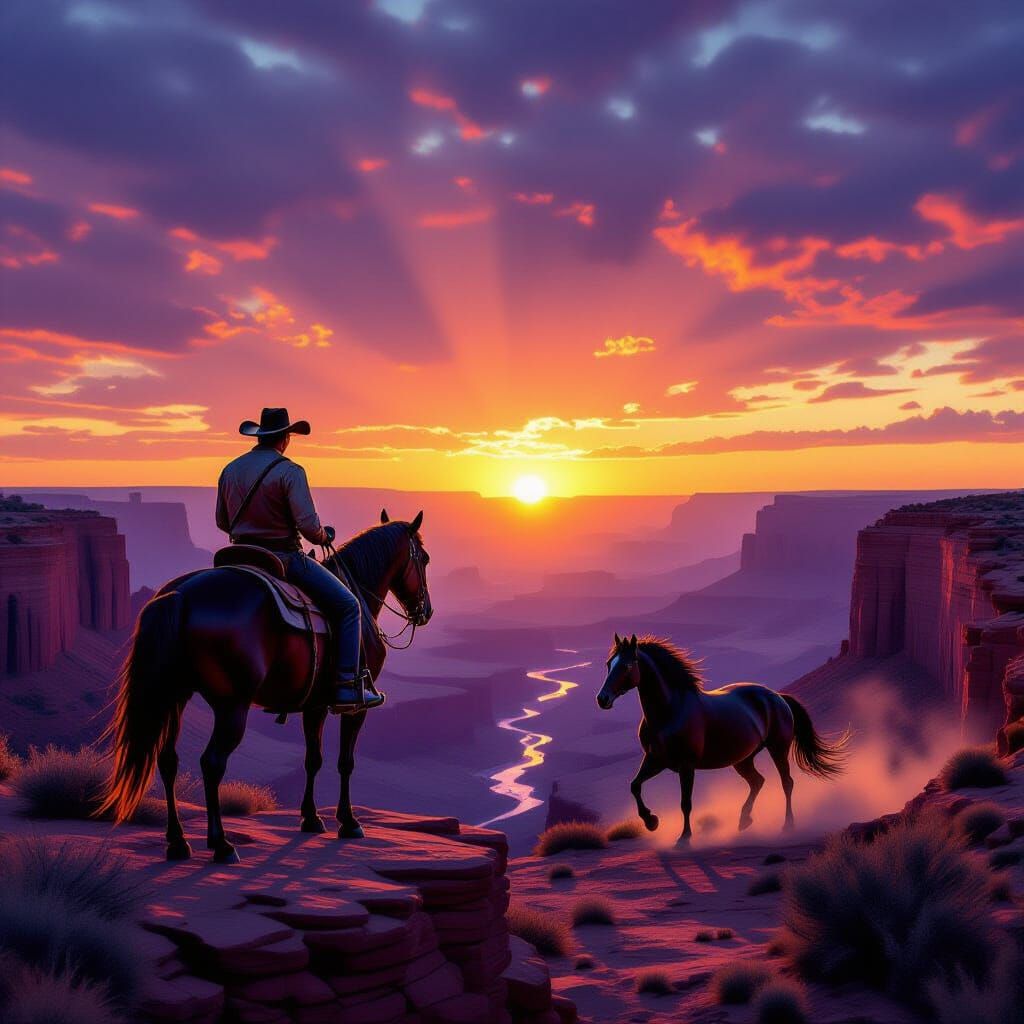 Cowboy Sunset Over Canyon with Wild Horses