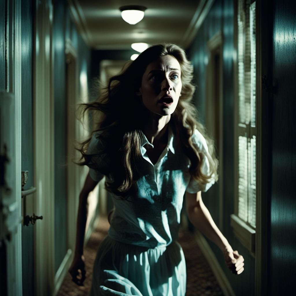 1980's horror movie, long hair Brunette woman running down a...