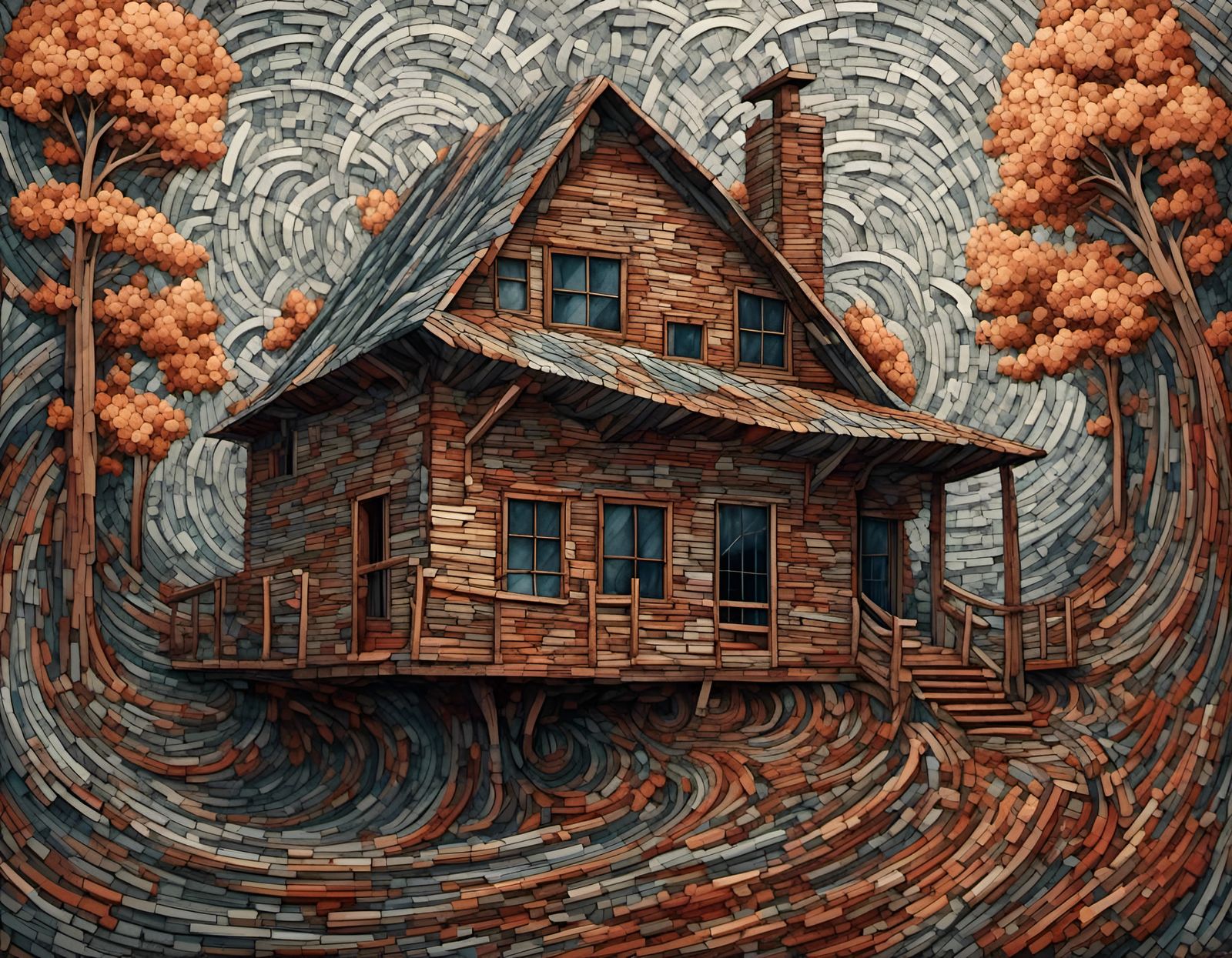 a hyperdetailed 3D portrait of a cabin in the woods, abstract spiral pattern, contrasting textures, crosshatched <lora:Splinter:1.0> 