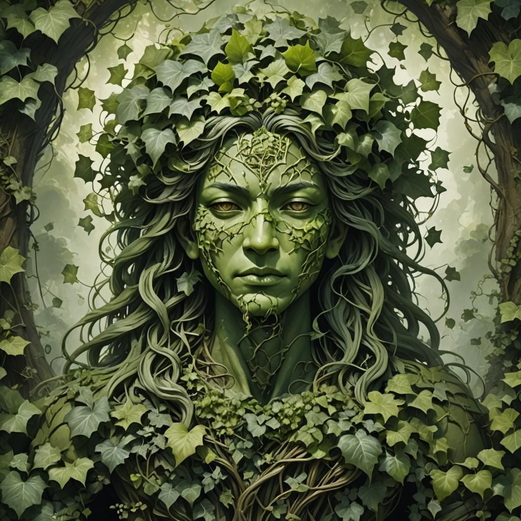 A deity of nature with green skin and hair made of ivy