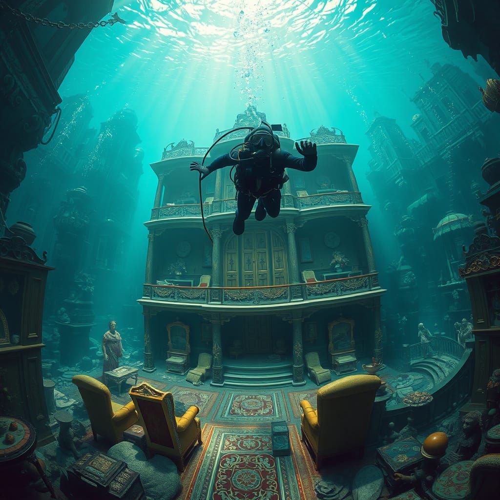 Diver Explores Submerged Mansion in Hyperrealistic Style