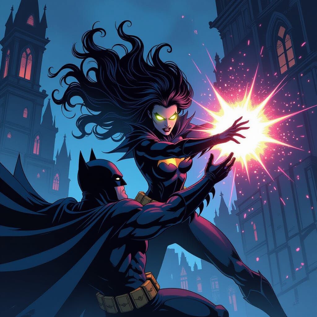 Bat-Sorceress using spells against The Dark Knight