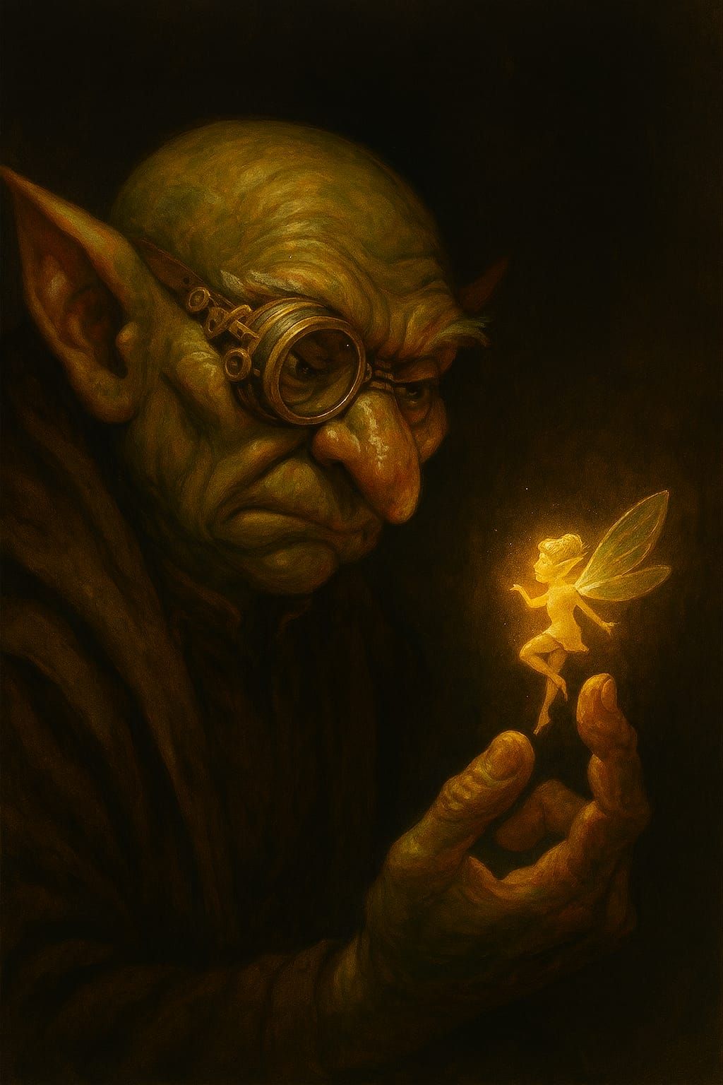 Goblin scholar scrutinizing pixie