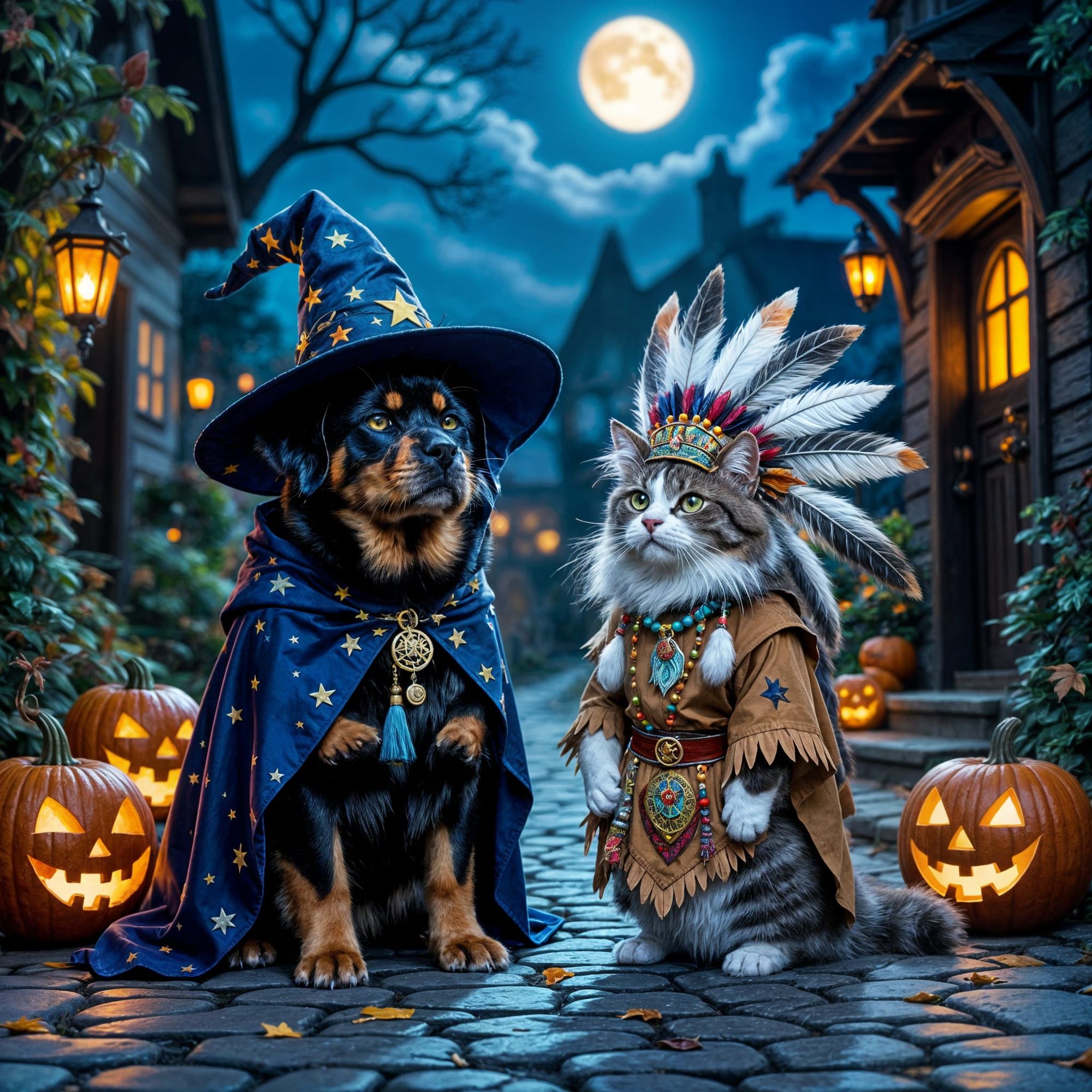 Rottweler wizard and Coone cat clad to shaman apprentice vibe in a trick or treat mission, 