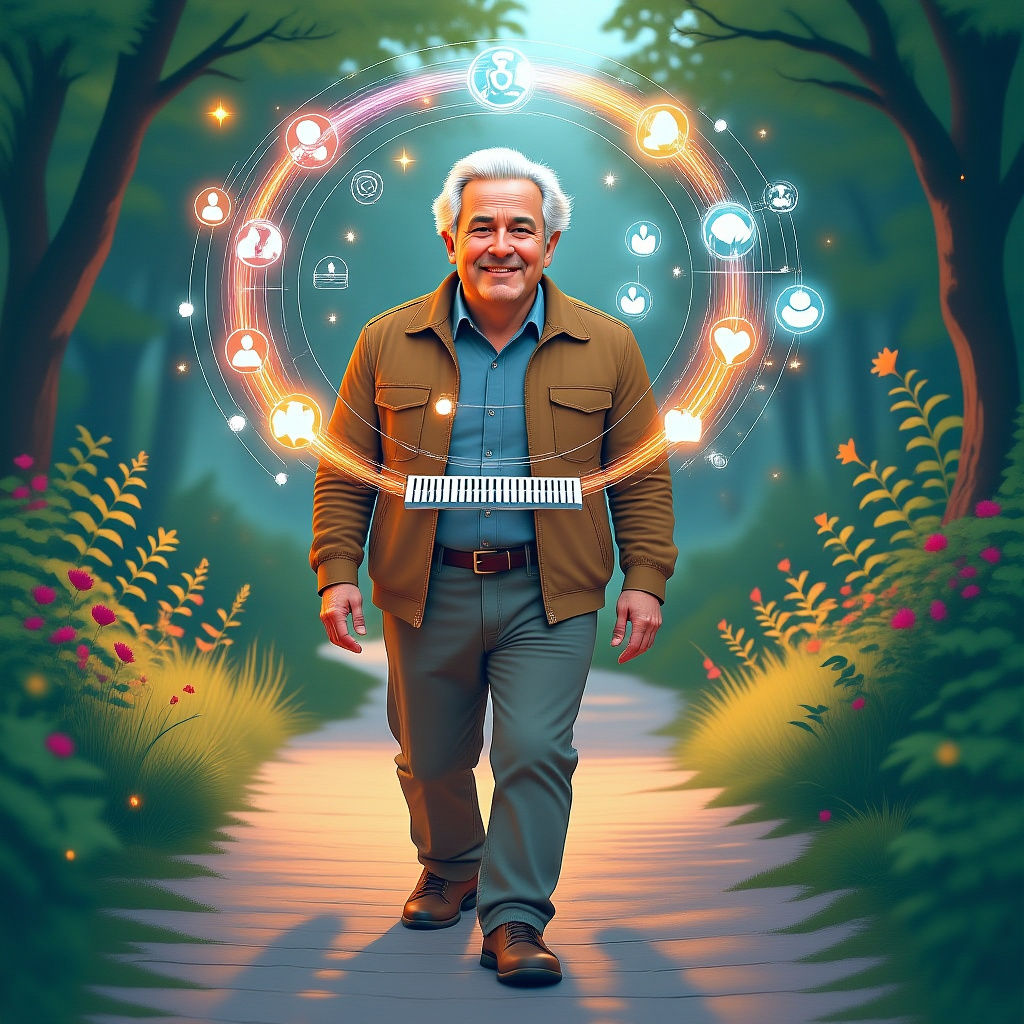 A youthful and energetic 71-year-old man  dressed casually, walking confidently on a winding path...