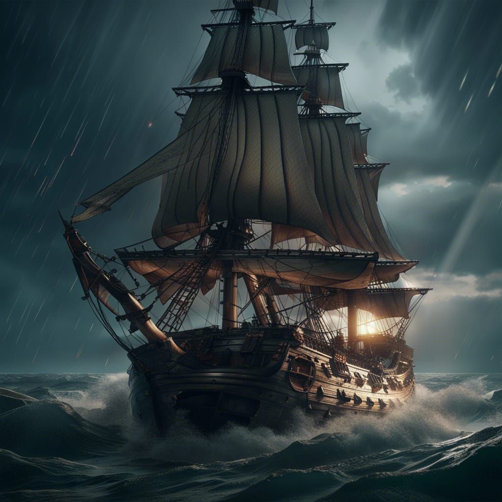 A galleon ship sailing through a storm