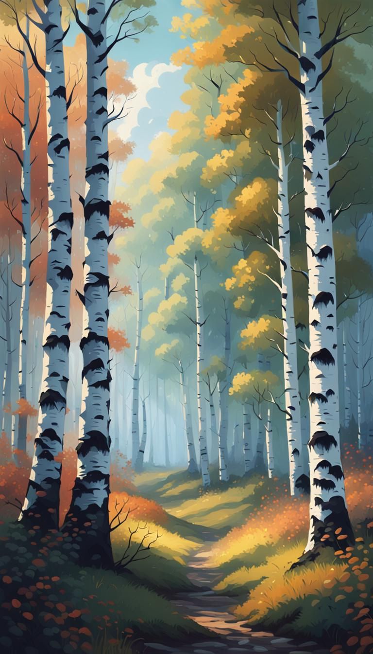 Birch Forest Oil Painting with Deep Color