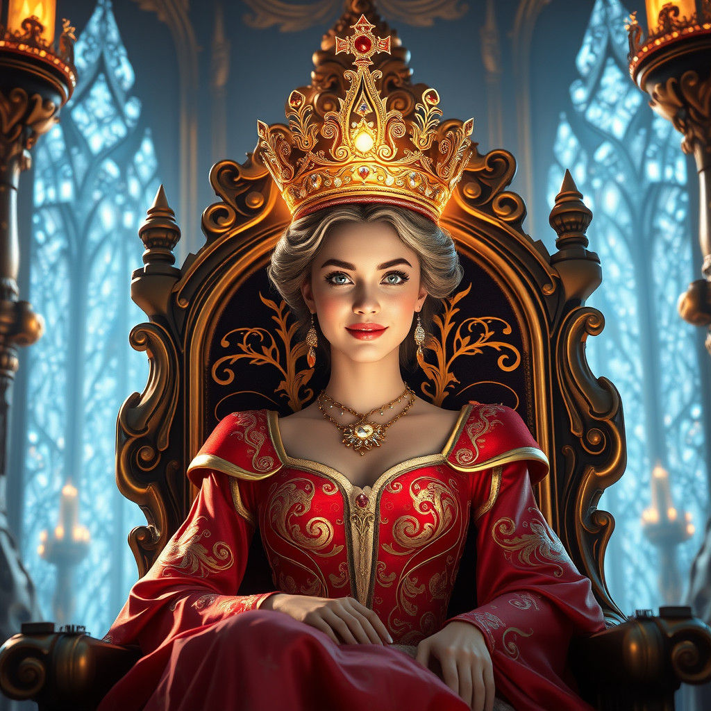 一位迷人、可爱、愉快、快乐、友好、可爱的女王，头上戴着令人愉悦的王冠，坐在华丽城堡中令人惊叹的宝座上，直视着你的眼睛