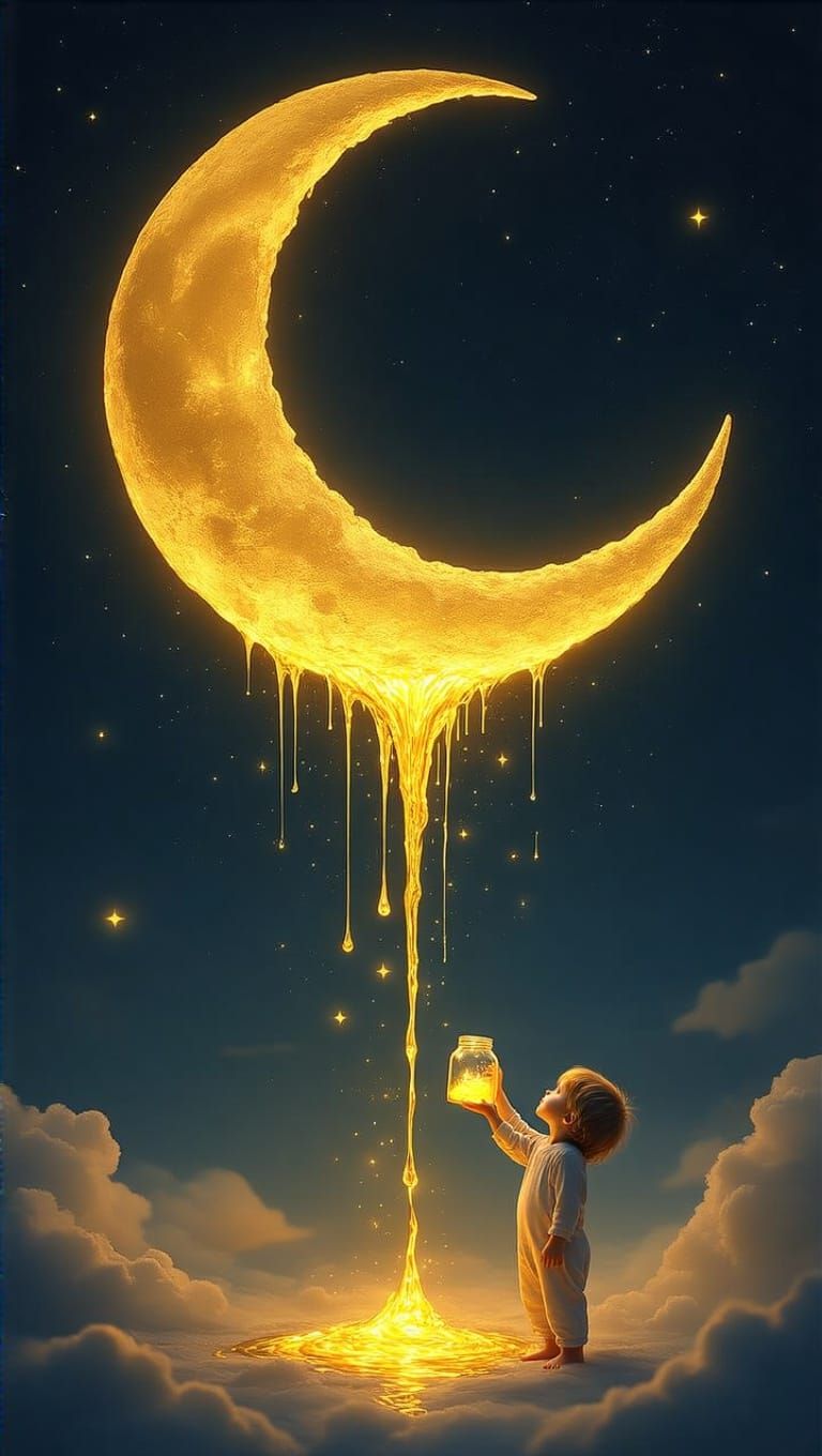 Golden Moonlight Descends Upon a Dreamy Child