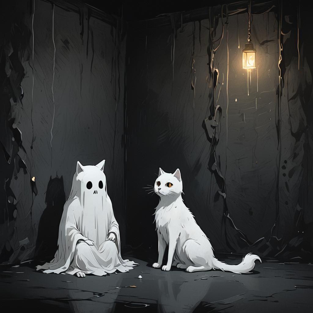 a sad cute white ghost sitting with a cat, in a pitch black ...