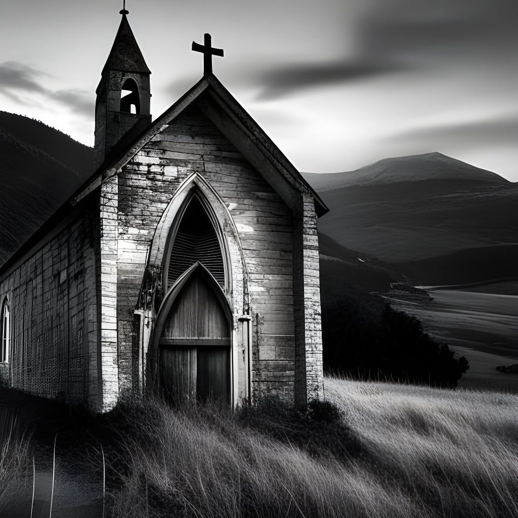 A small haunted abandoned church in a valley with mountains ...