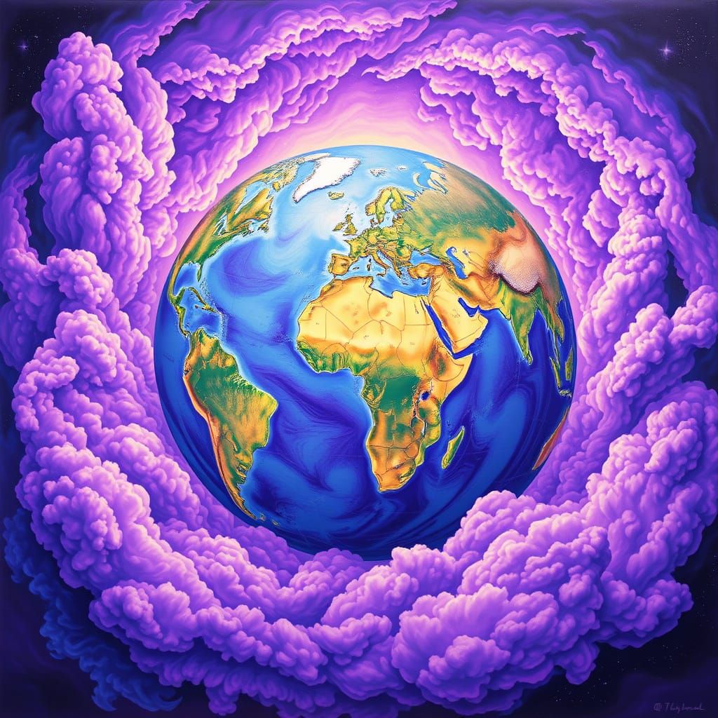 Psychedelic Map of the World in Swirling Purple and Blue