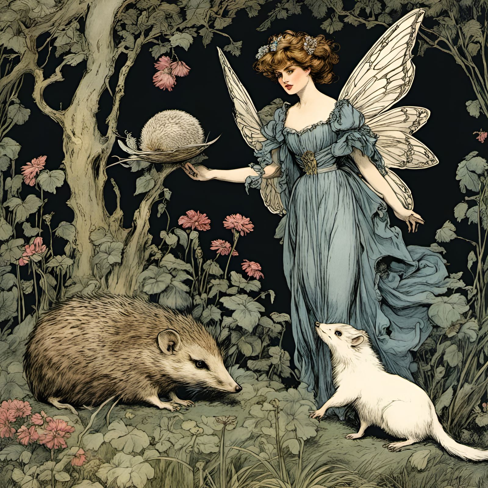 Victorian faerie with a cute hedgehog in a  Fantasy faerie g...