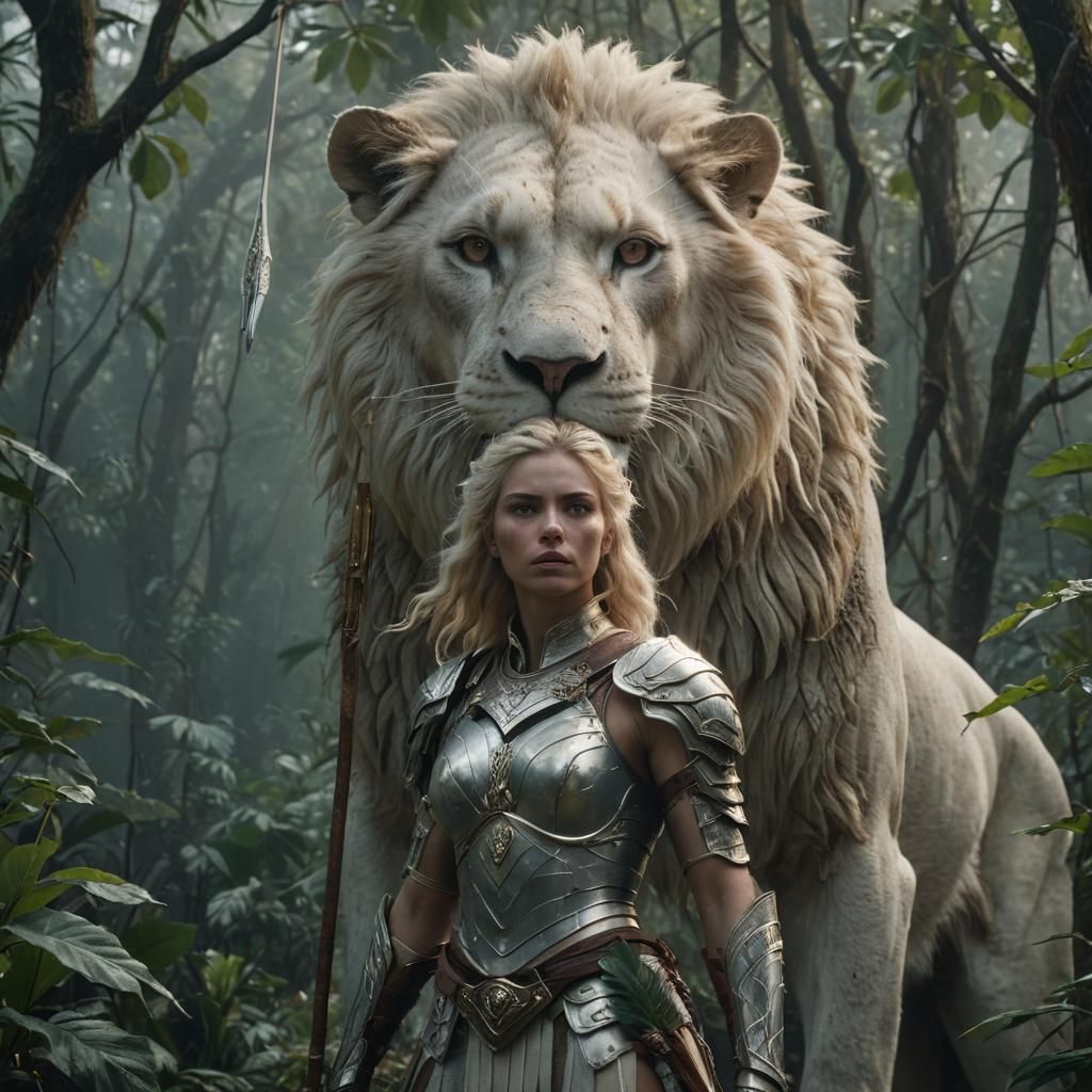 Female Warrior with Lion Head in Dark Jungle