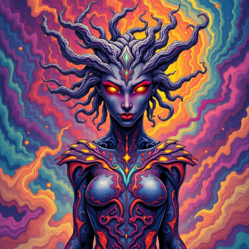 a beautiful female alien warrior in a maelstrom of vibrant swirling coloors<lora:AdorableChaos:1.0>