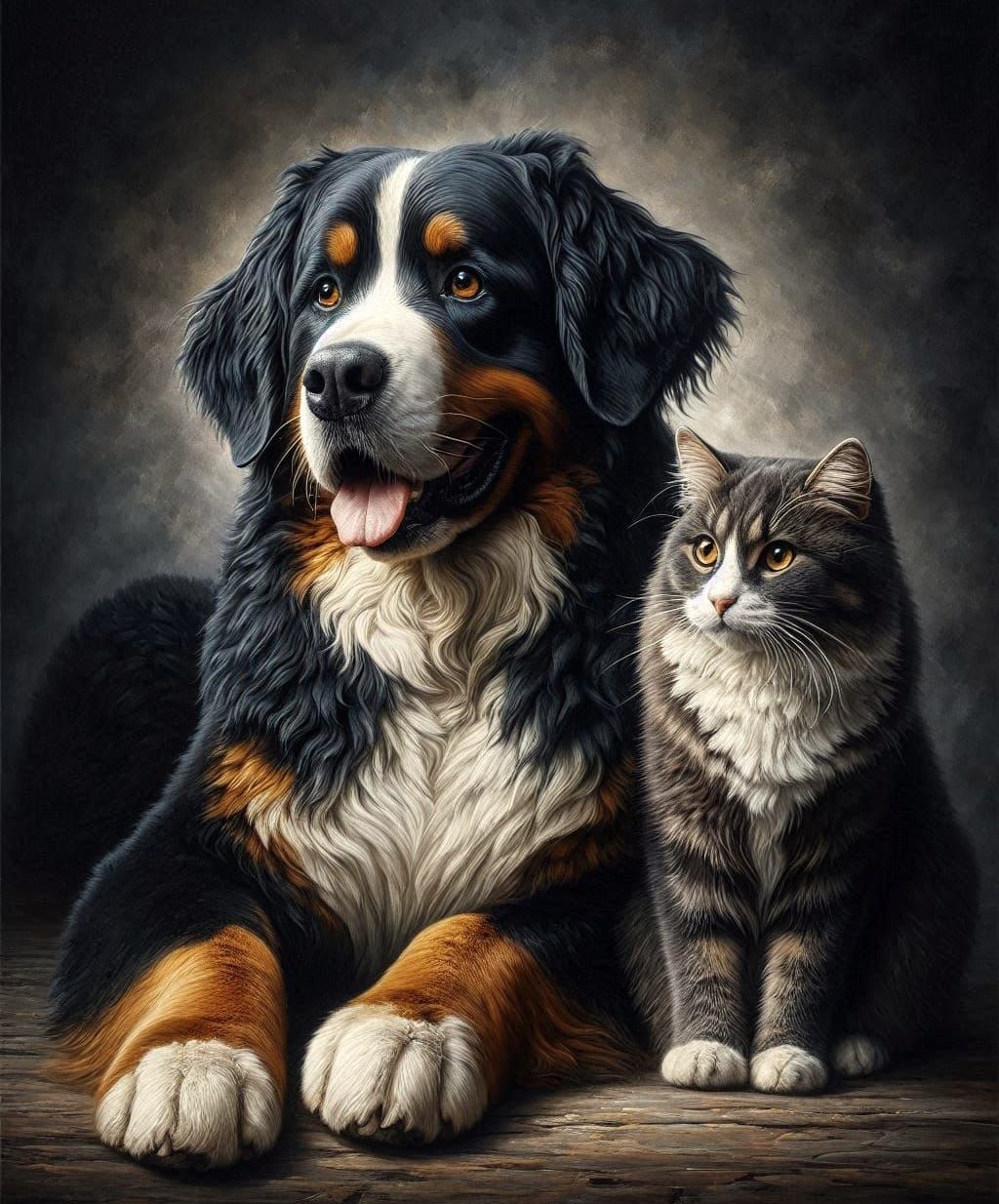 Bernese mountaind dog and a cat.