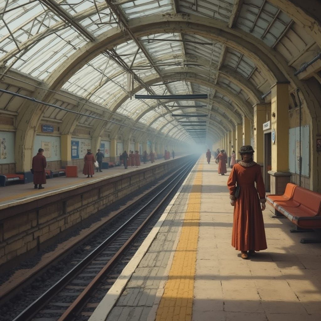 Toddler Smelling Flower Near Railway Bridge, Mixed Style