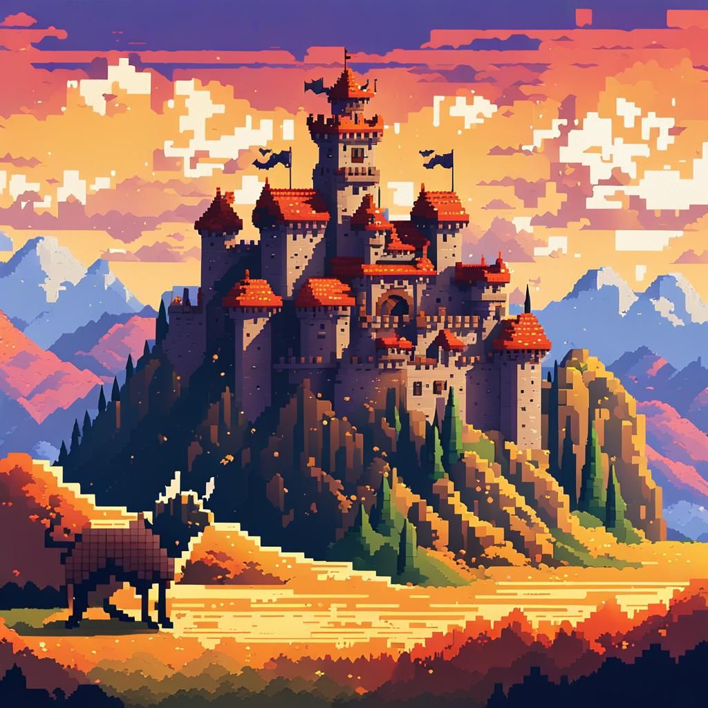 A majestic viking castle rendered in pixel art, towering spires and fluttering banners against a pixelated ...  by @Amanda Haury