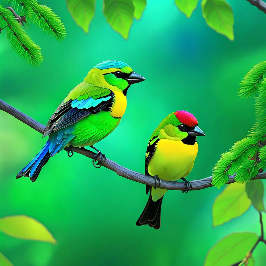 Green-headed tanagers perched on a tree branch - AI Generated Artwork ...