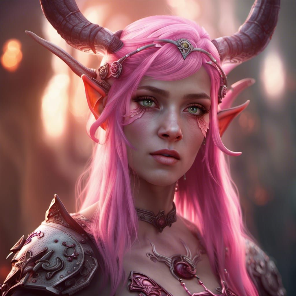 Pink eyes pink haired elf girl with pink horns in front of head - AI ...