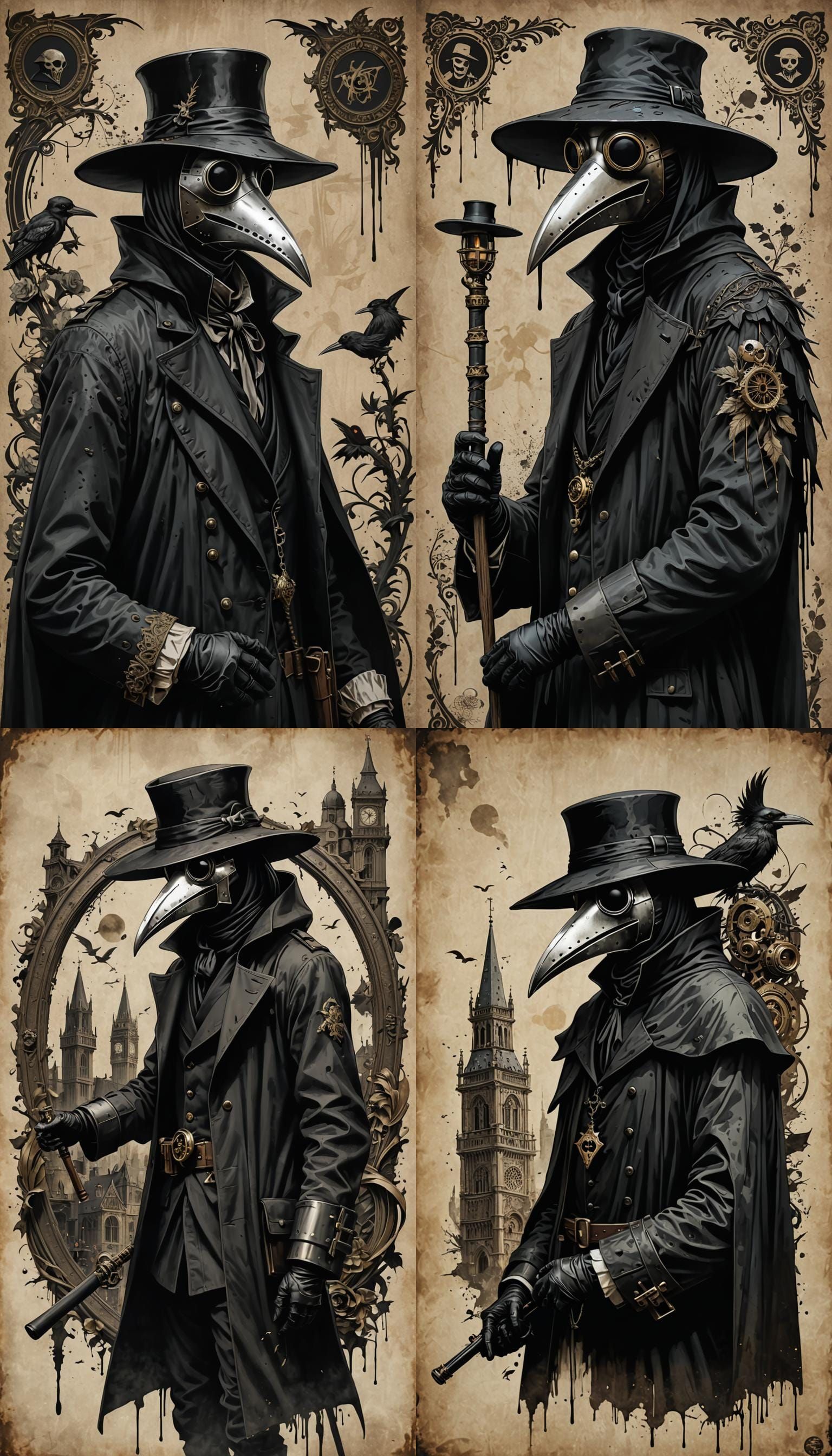 Plague Doctor, film noir, inspired by Banksy, inspired by Marumiyan, intricately detailed mask, old world England, faded...