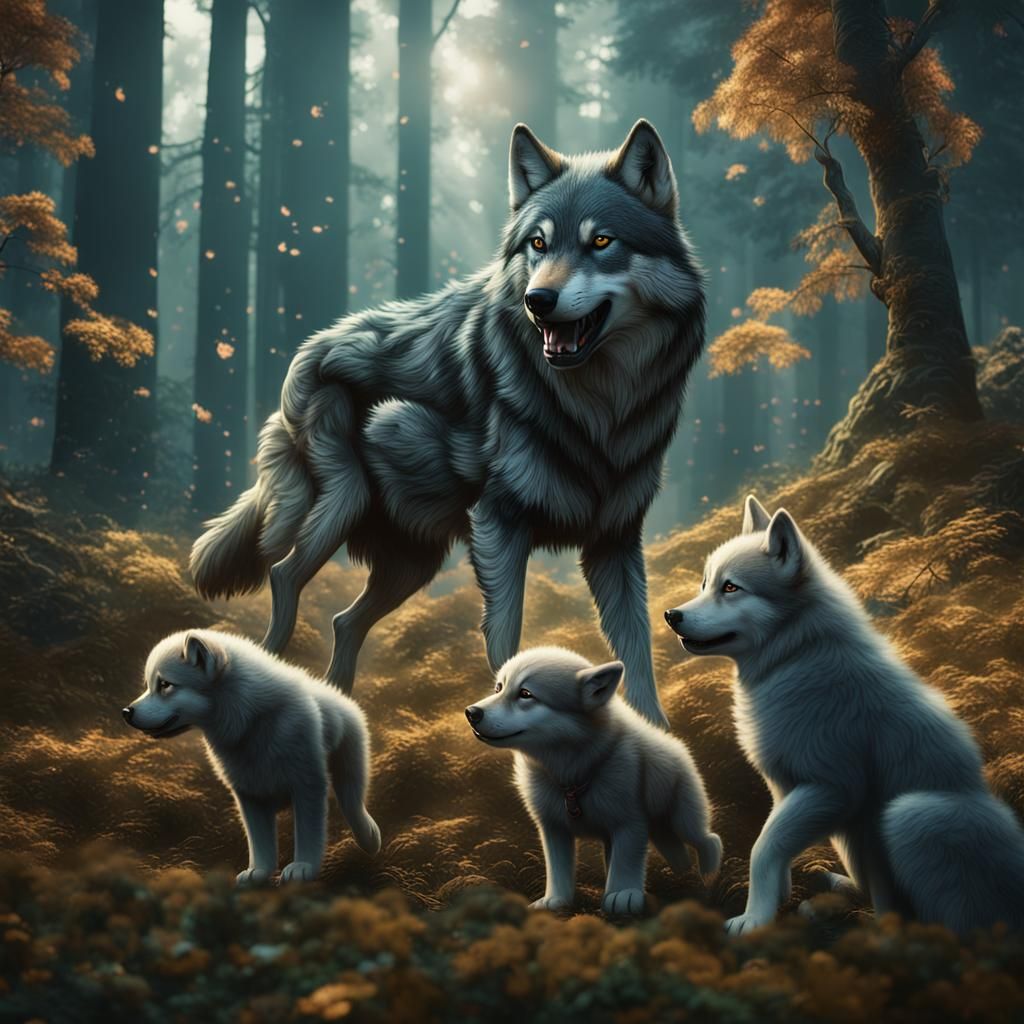 Wolf and Puppies in Forest: Detailed Matte Painting