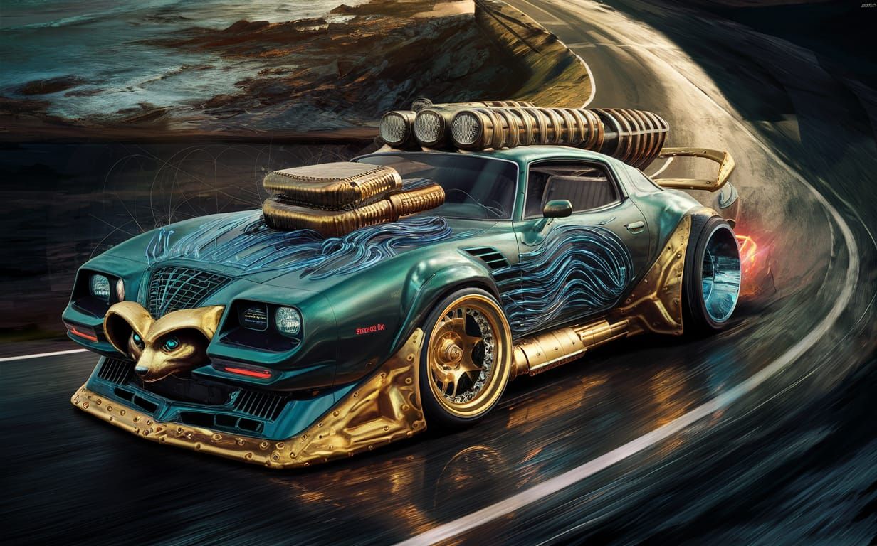 Steampunk Funky  Mobil Sport Hijau Dan Emas