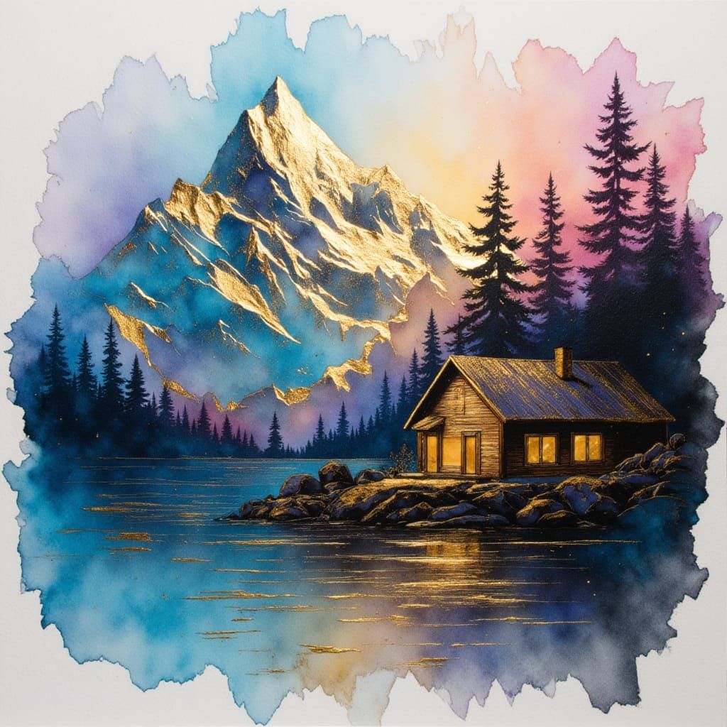 <lora:Orel:1.0> colorful cabin near a montain lake in metallic colors, black ink and gold leaf