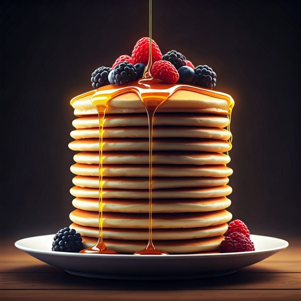 Hyperrealistic Pancakes with Syrup and Berries
