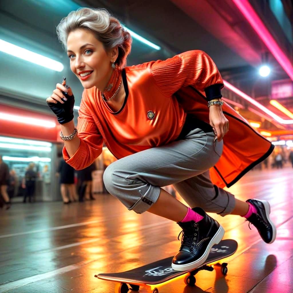 Surrealistic Portrait of a Happy Lady in a Vibrant Cityscape