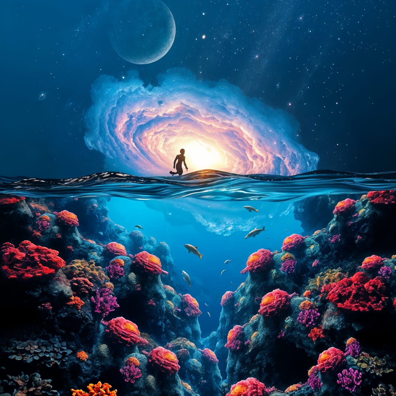 underwater sea, beautiful and colorful coral reefs and galaxy.