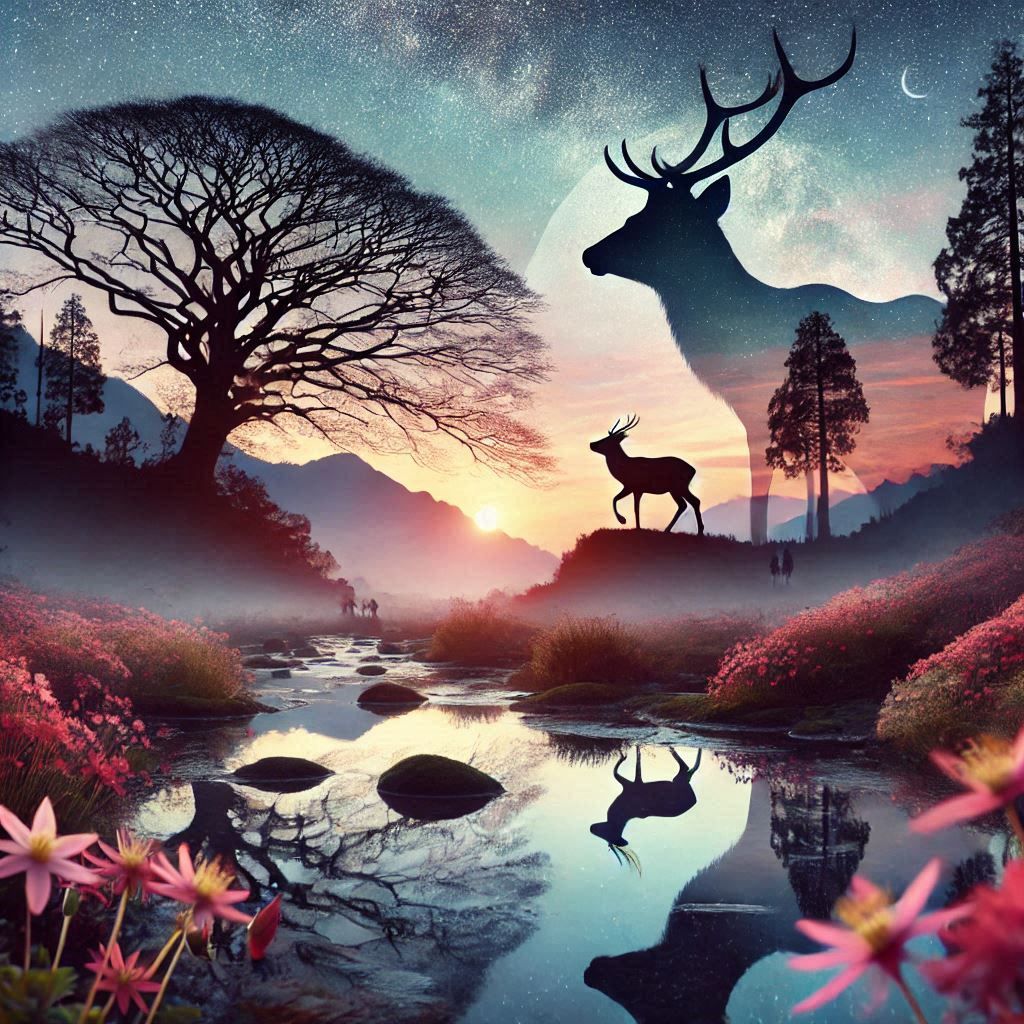 double exposure beautiful fantasy DALL-E 3 portrait landscape..
