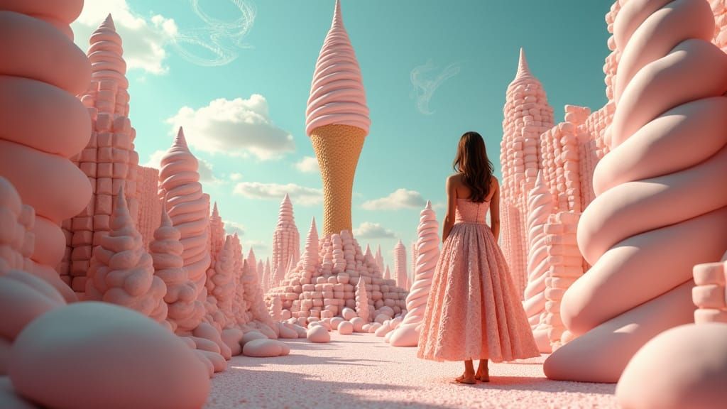 An epic cityscape constructed from giant marshmallows, chocolate bars, and wafer cookies, under a sky filled with swirling, edible glitter. ...