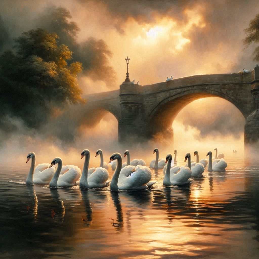 Swans Crossing a Misty Bridge