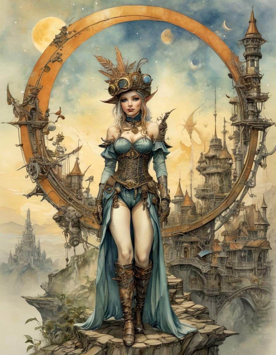 steampunk elve, solar eclipse, fantasy land :: Pencil and watercolor on watercolor paper. By Gwendal ...  by @Didier B