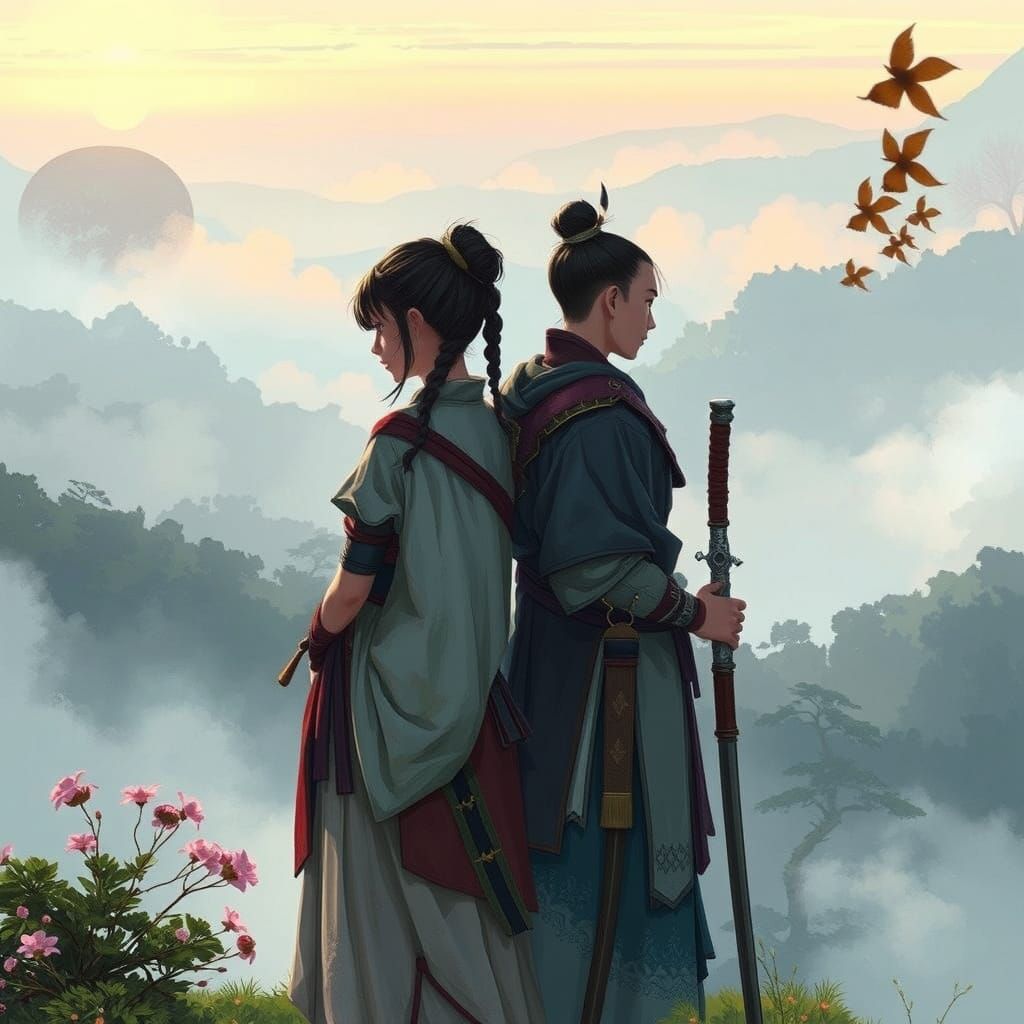 Sokka and Suki in Whimsical Fantasy Landscape