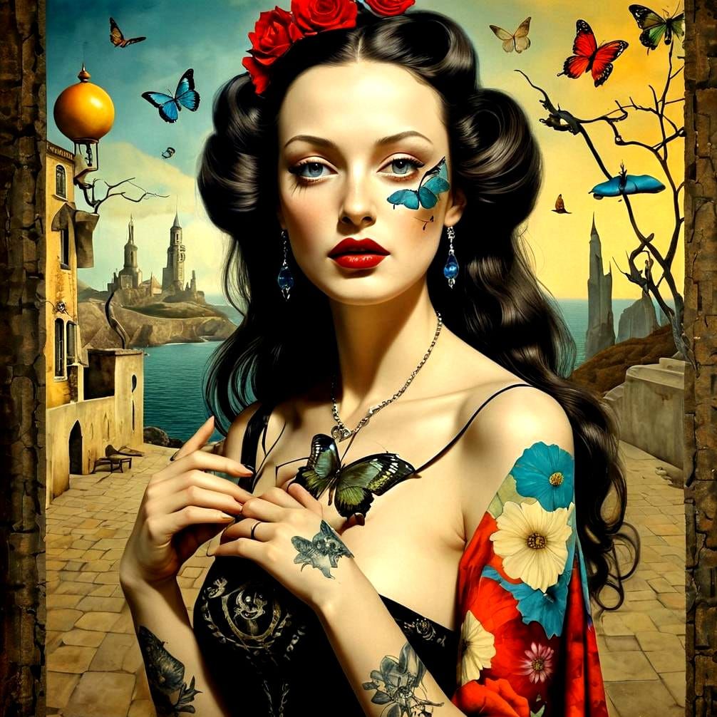 Photorealistic Woman with Surrealist Background in Vivid Col...