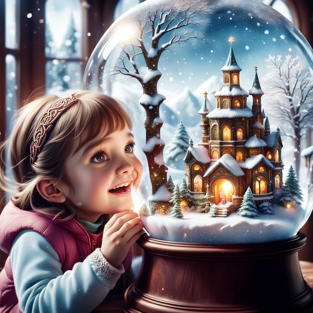 Joyful little girl peeking into a snow globe.