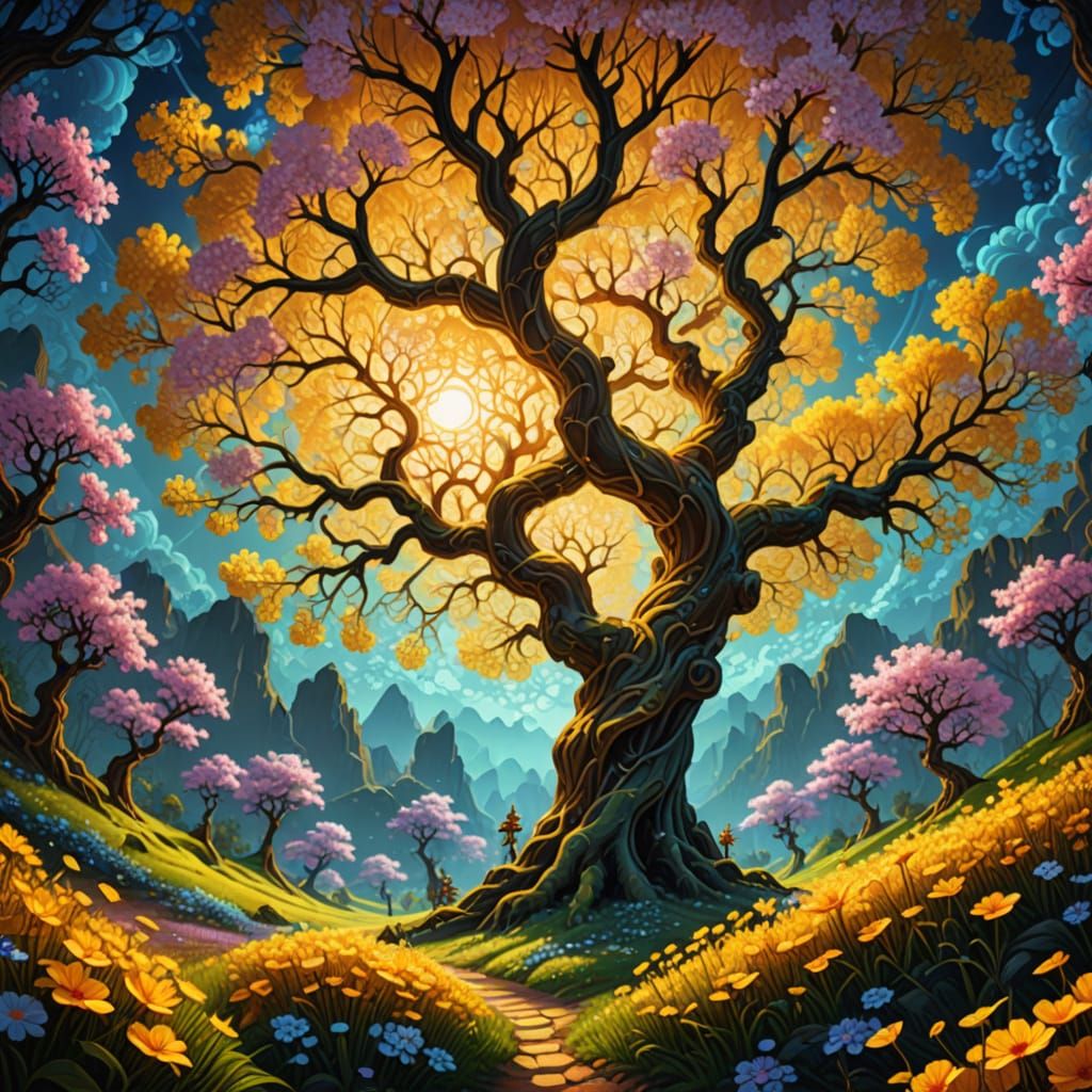 Dreamlike Spring Landscape in Vibrant, Fractal Style