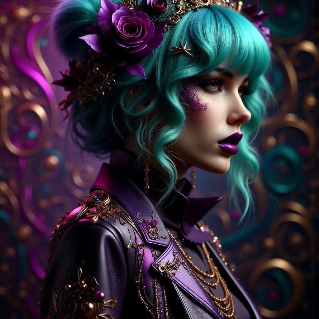 <lora:Art Nouveau Punk V2:1.0> portrait, beautiful woman with teal hair, purple art nouveau punk jacket, Klimt inspired background, ambient...